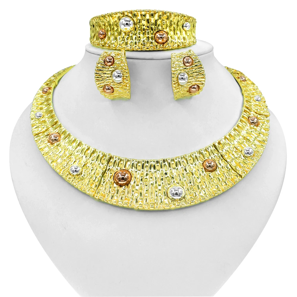 

Fashion Multi Triple Color Dubai 18K Gold Plated Jewelry For Women Necklace Bangle Earrings 3 PC Jewellery Sets Free Shipping