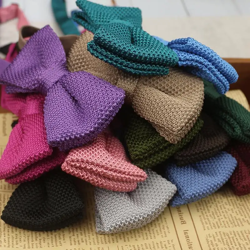 Handmade Knitted Bow Ties For Men Women Solid Color British Style Casual Bowknot Suit Dress Neckties Cravat Knitting Wool Bowtie