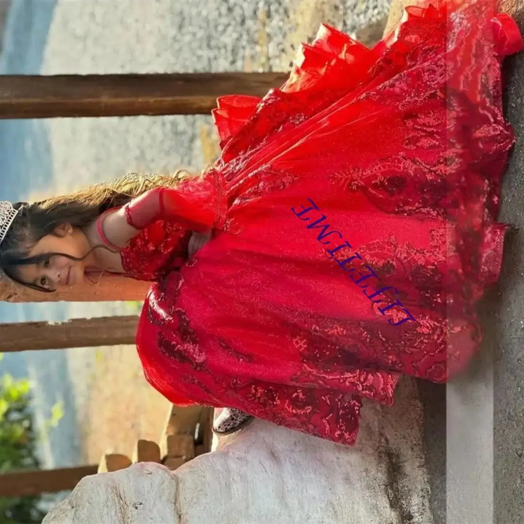 Red New Design Lace Appliques Flower Girl Dresses For Wedding Sleeveless Princess Girl Birthday Puffy Tulle Dresses Customized