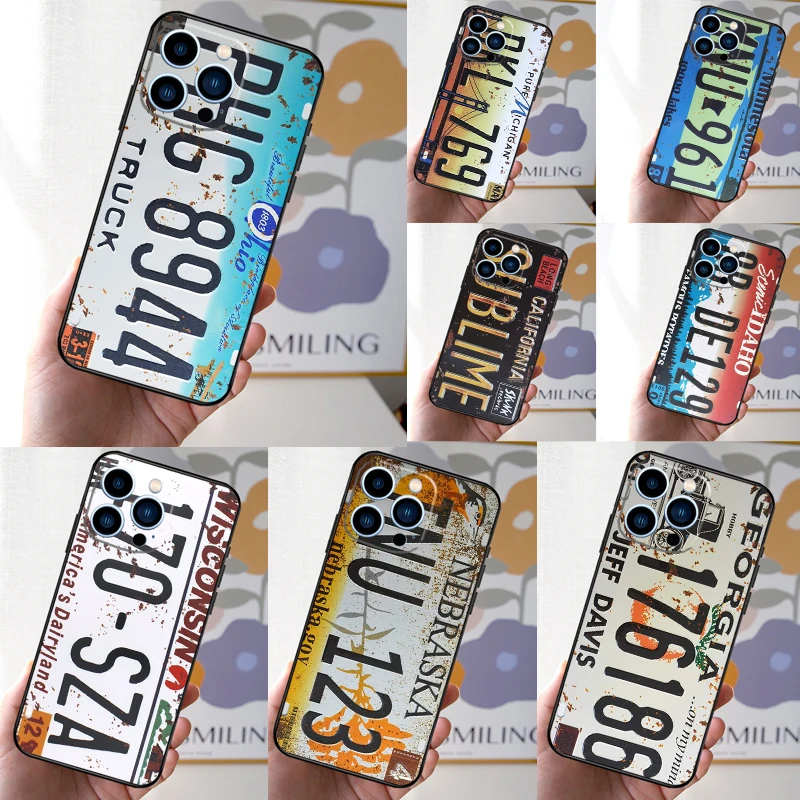 Retro Funny License Plate Phone Case For iPhone 16 15 11 13 12 14 Pro Max Mini X XR XS 7 8 Plus Soft Cover