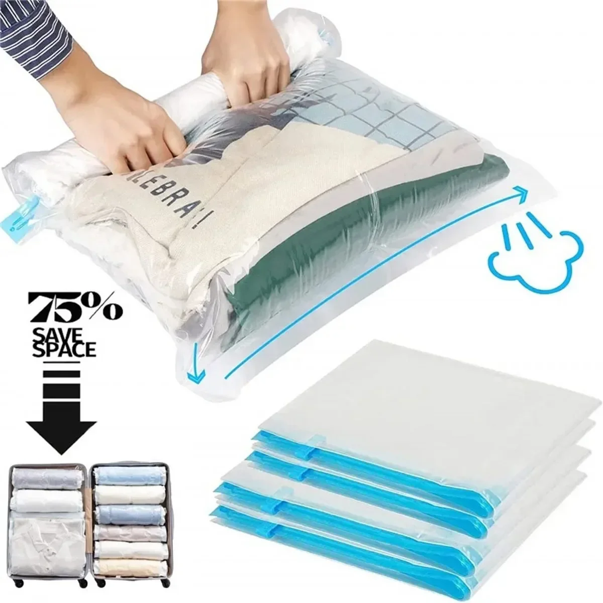 5 Stück Handroll-Kompressionsbeutel für Kleidung und Decken Vakuum-Aufbewahrungsbeutel ohne Pumpen Versiegelte Beutel für Reisen