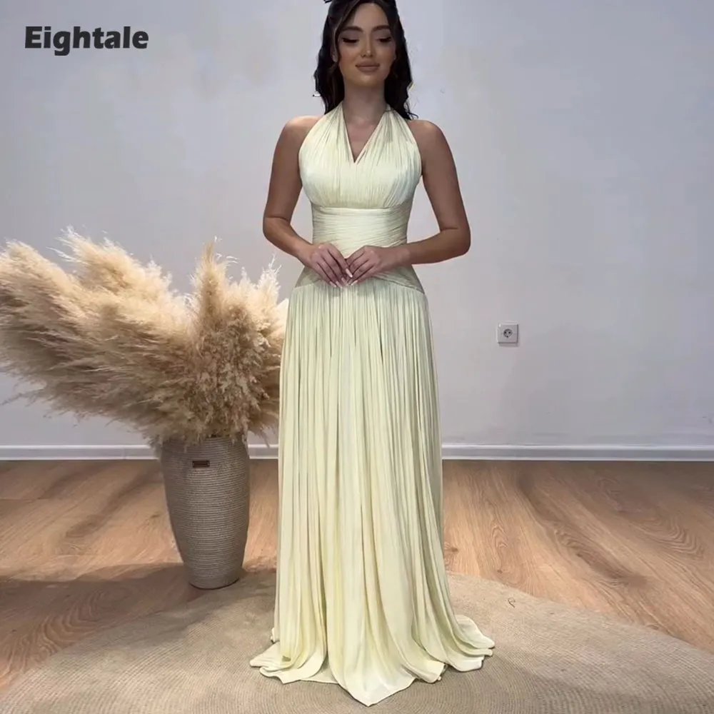 

Eightale Arabic Evening Dress V-Neck Pleats Crepe Customized Shiny Floor Length A-Line Yellow Prom Wedding Party Gown