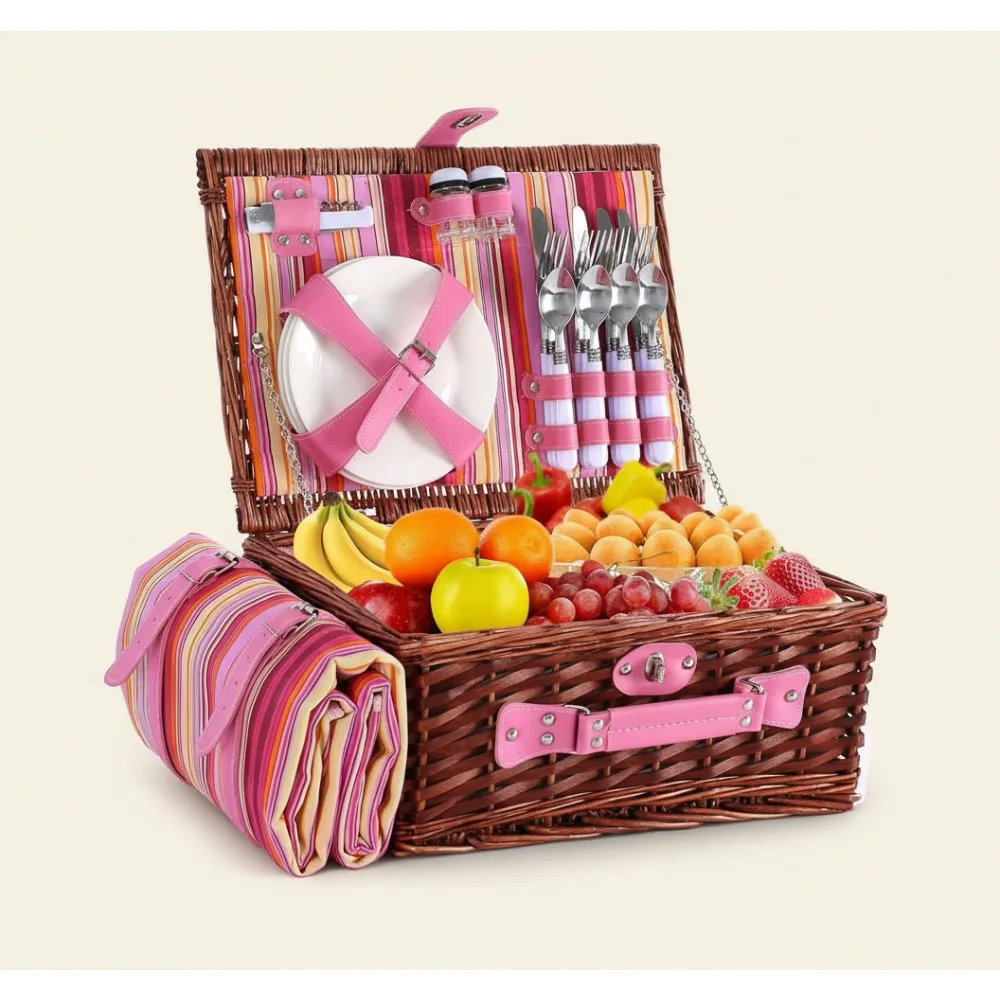 

4-Person Wicker Picnic Basket Set with Waterproof Blanket & Cooler, Perfect for Camping, Outdoors, Gifts