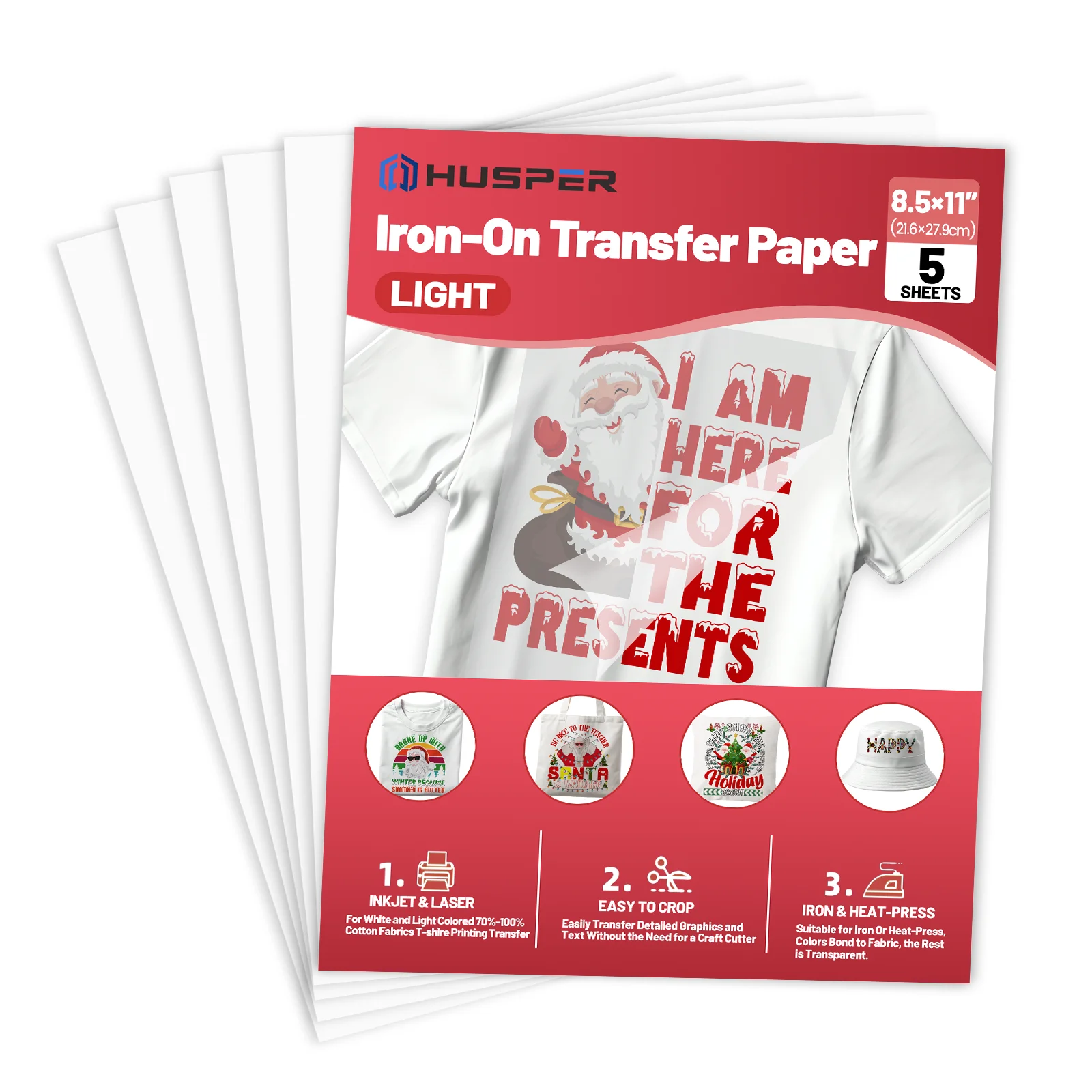 5 Sheets Letter Size Iron-On Transfer Paper for Light Color Fabrics 8.5 x 11