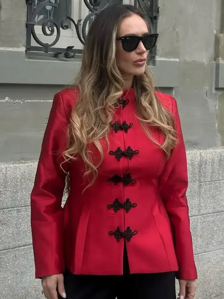 Elegant Satin Buttoned Casual Coat Women Chic Round Neck Single Breasted Cinched-waist Jacket 2026 New Commute Street Outwear