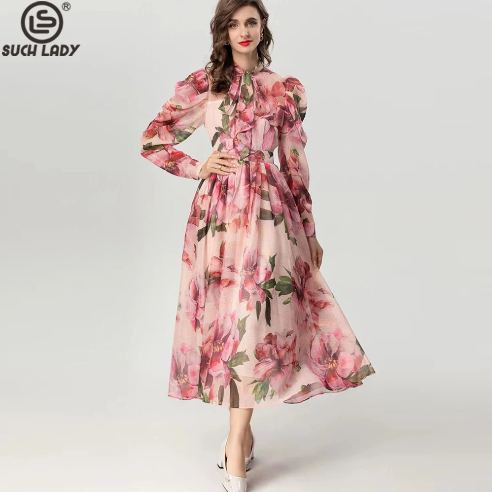 

Women's Dresses Bow Collar Long Sleeves Floral Printed Elegant Designer Runway Vestidos