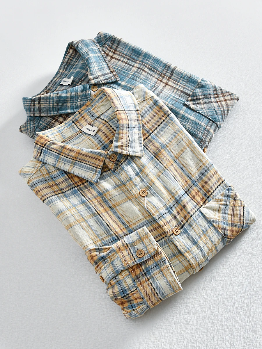 

American Retro Pure Cotton Plaid Long Sleeve Shirt Casual Loose Fit Autumn Men's Japanese Style Khaki Checkered Button up
