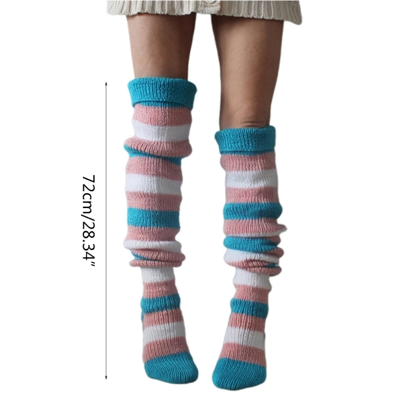 Womens Winter Slouch Leg Warmers Knitted Thigh High Socks Vintage Colorful Striped Over Knee Long Stockings Hosiery