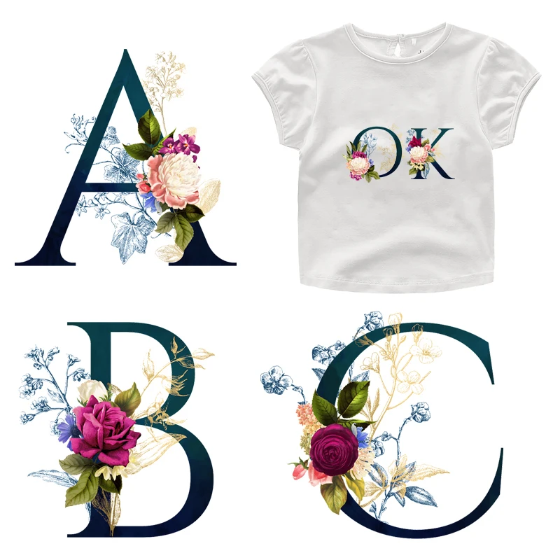 7cm Deep Blue Uppercase English Letters Spell A-Z Retro Flower Decoration Decal Clothes Backpack Ironing DTF Patch Vinyl Sticker