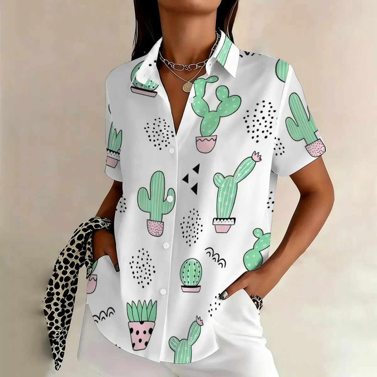 

Simple cartoon cactus print summer women's plus size lapel short sleeved shirt, personalized and fashionable daily versatile top