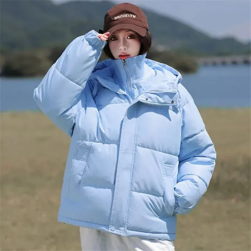 Nowa Modna Kurtka Zimowa Damska z Kapturem i Imitacją Dwuczęściowej Stójki, Wyściełana Bawełną, Luźna, Ciepła, Casualowa Parka, Odzież Wierzchnia Damska T1645
