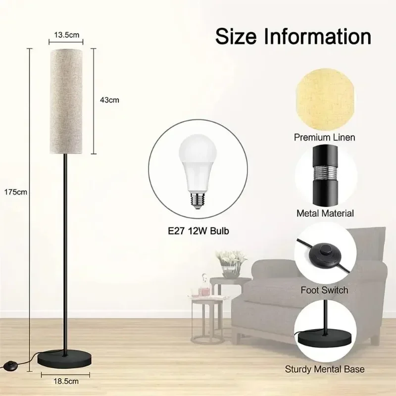 LED Floor Lamp Dimmable Reading Light Linen Lampshade Lamp for Bedroom Living Room Office E27 Light Bulb