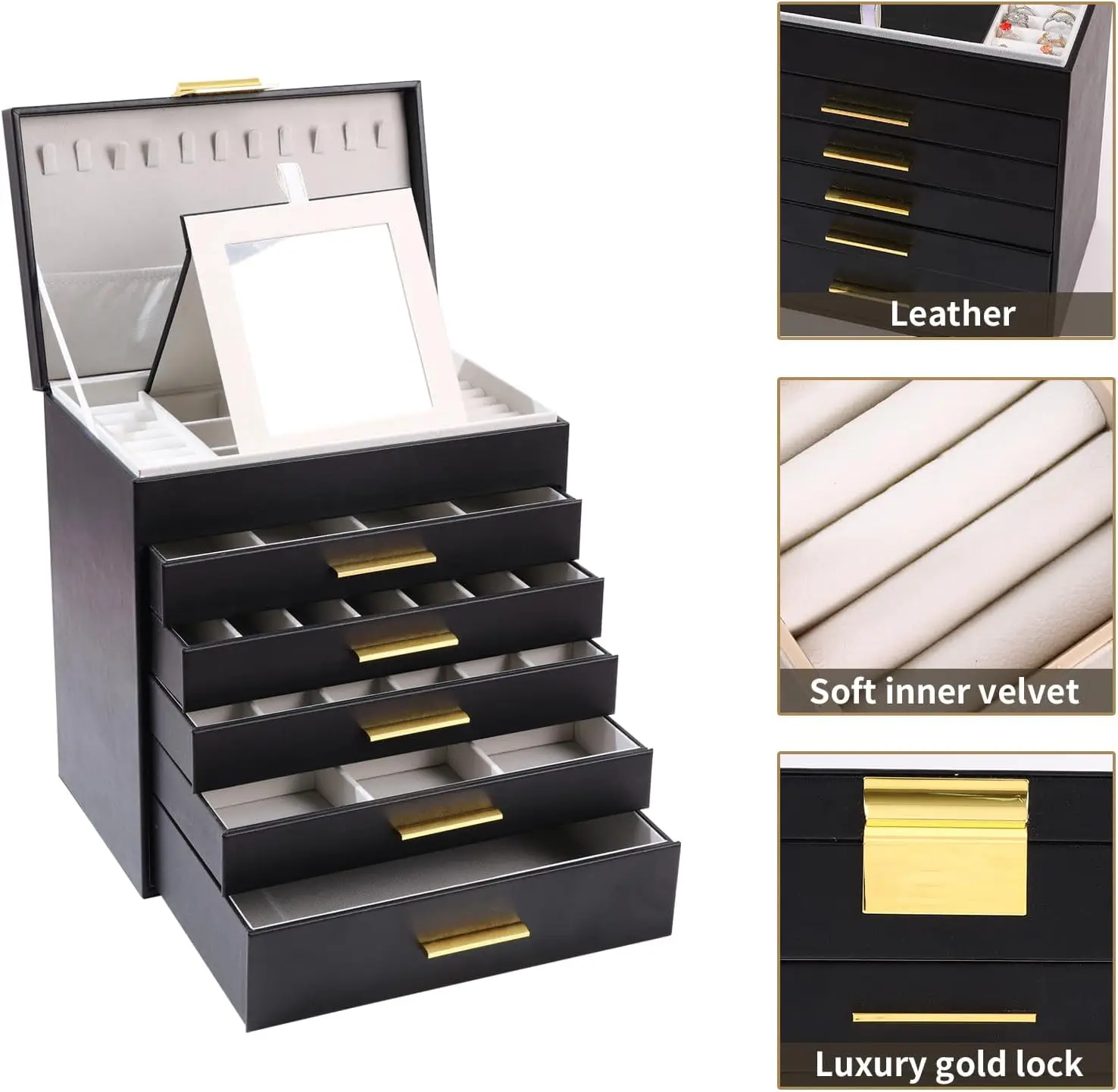 6-Layer Jewelry Organizer with Drawers and Mirror - Large Storage Box for Earrings, Necklaces, Rings