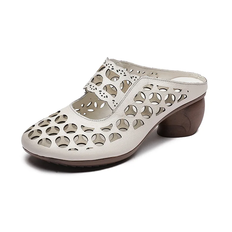 New Genuine Leather Cut Out Mules Women Summer Vintage Luxury Hollow Chunky Block Heel Shoes Woman Slides Casual Backless Sandal