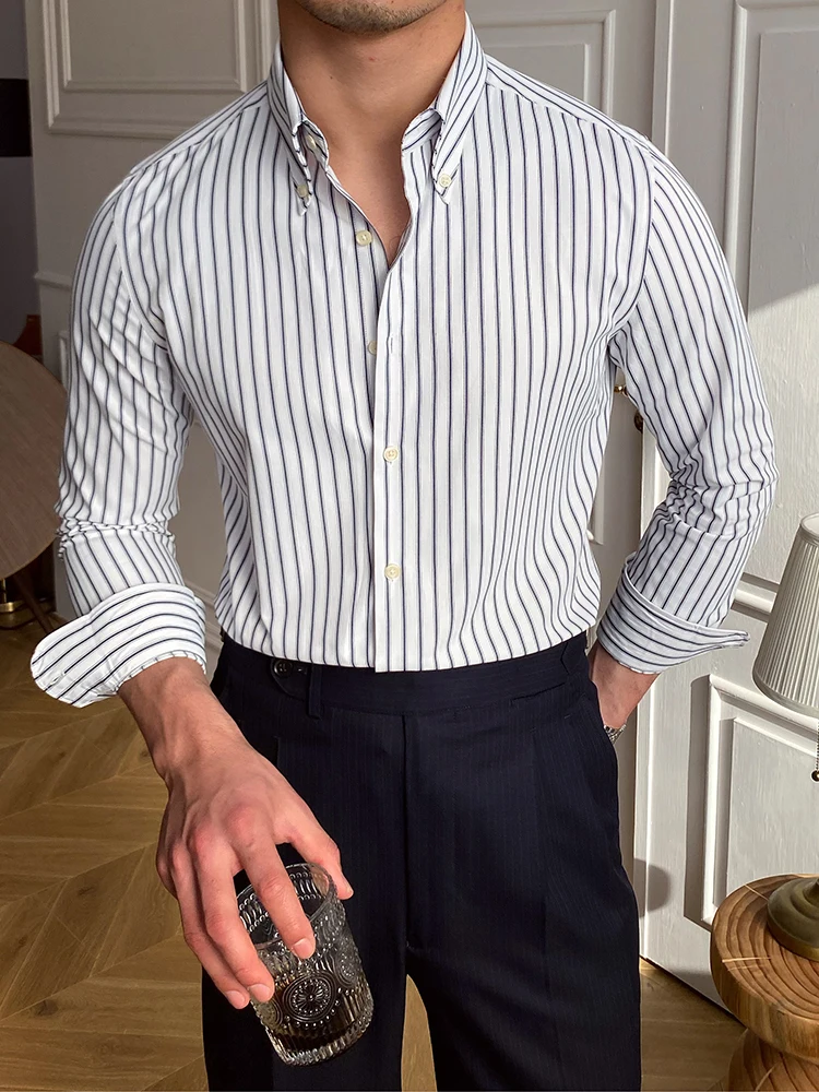 

High Quali Slim Fit Long Sve irt Mr. Deer Tee Italian Sle Striped Button Collar Briti Busin Casual Versatile ...