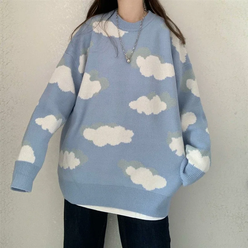 Japan Style White Clouds Knitted Sweater and Vest Preppy Style Sweet Girls O-Neck Blue Sky Long Sleeve Jumpers Chic Pullovers