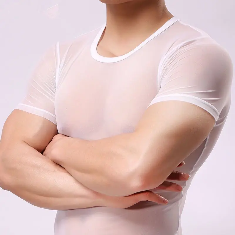 Men's Sheer Sexy Clothes Summer New Round Neck Breathable Tops 2023 American Style Thin Style T-shirt