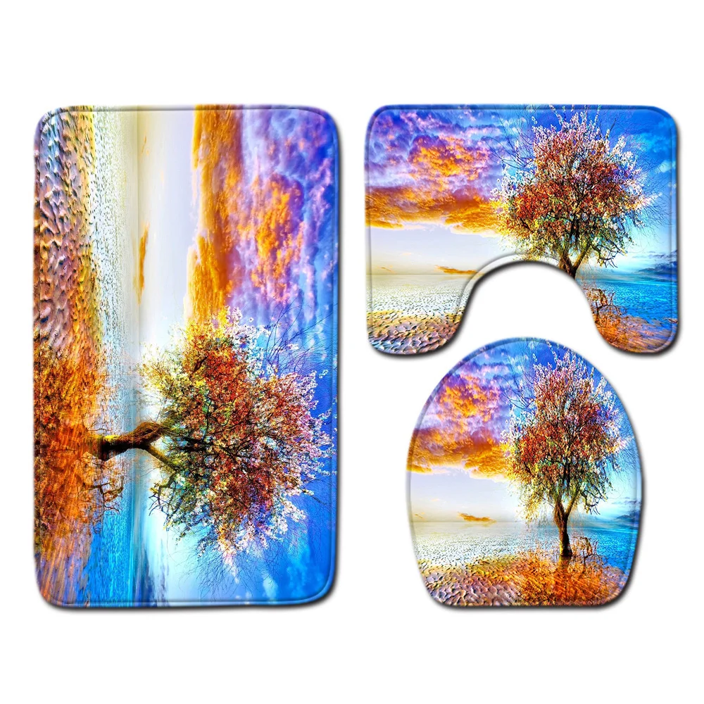 

Natural View Bathroom Set Sunset carpet U-shaped mat Toilet seat mat Bathroom Decor is Super Soft and Absorb Water