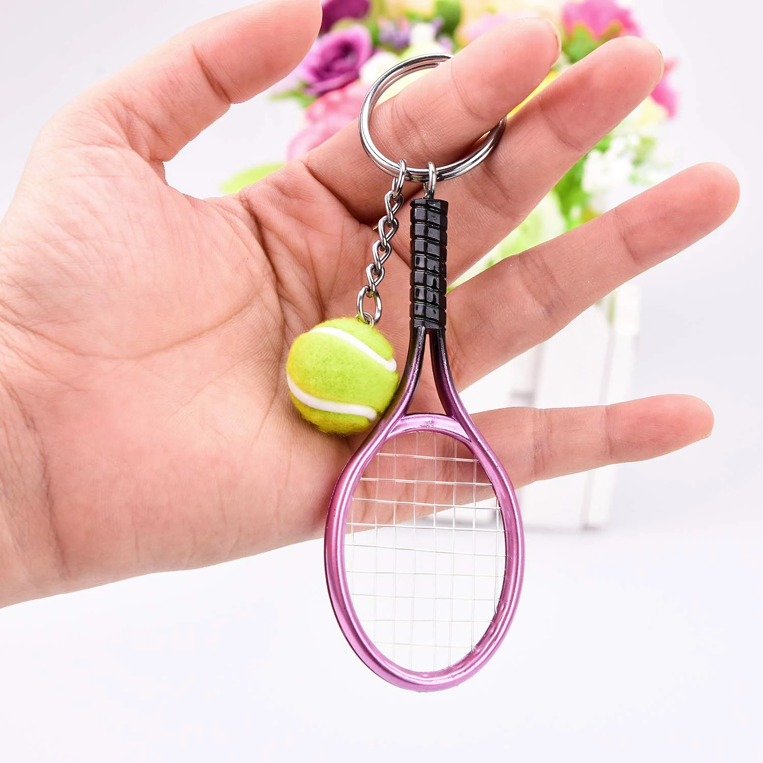 12Pcs Mini Exquisite Lightweight Tennis Racket Racquet Ball Keychains Key Rings Sport Style Split Keychains