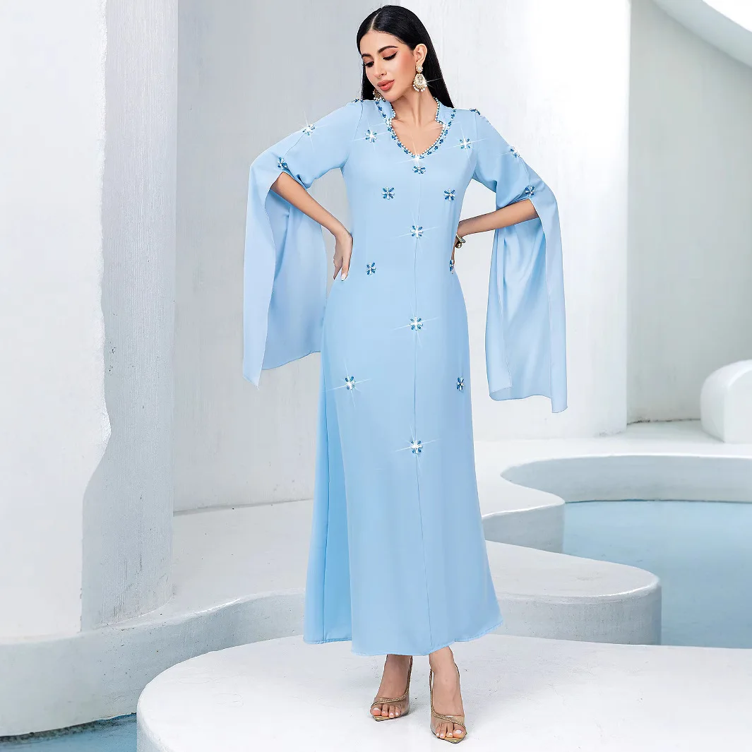 BA5133 new light blue long sleeved hand sewn glass rhinestone dress for women