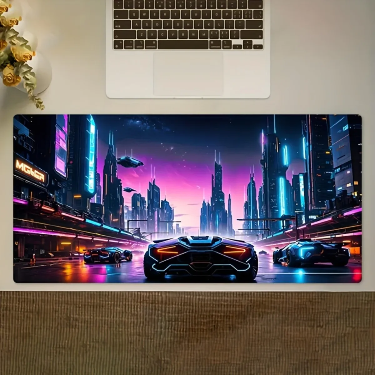 1pc Rubber Desktop Accessory Mouse Pad Neon Cityscape Sports Car Design Non-Slip Durable Edges Ideal for Gamers and Daily Use