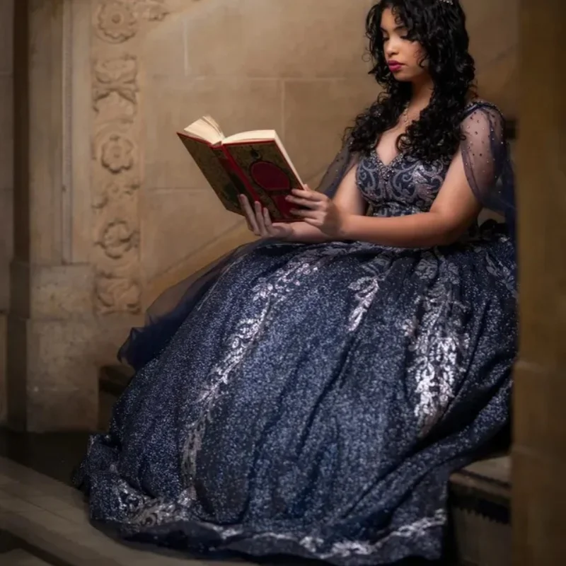 

Shiny blue Quinceanera Dress off-shoulder glitter crystal decal Long tail vestidos de 15 Quinceanera ﻿Customized