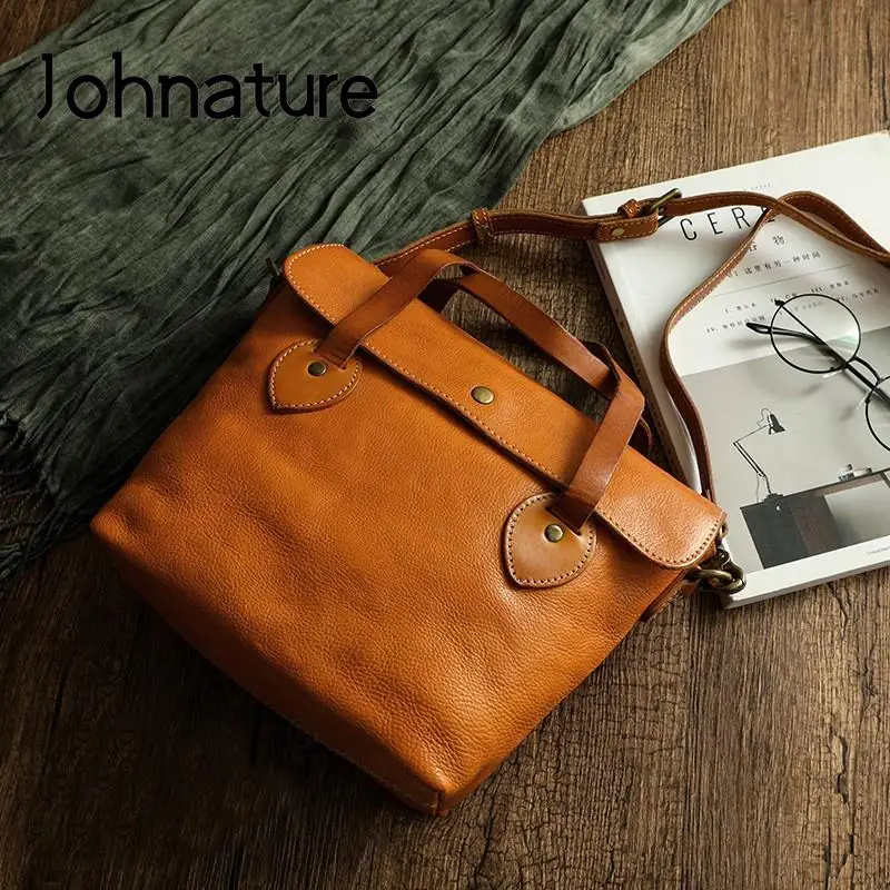 Johnature Borsa da donna semplice in vera pelle tinta unita Borsa versatile vintage Borse a tracolla per il tempo libero in vera pelle di vacchetta