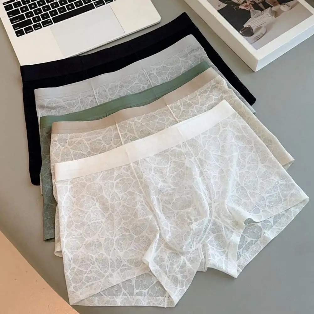 

Men Boxer Briefs See Through Men Underwear Sexy Convex Boxers Transparent Male Solid Color Briefs Breathable Lace Trim Shorts