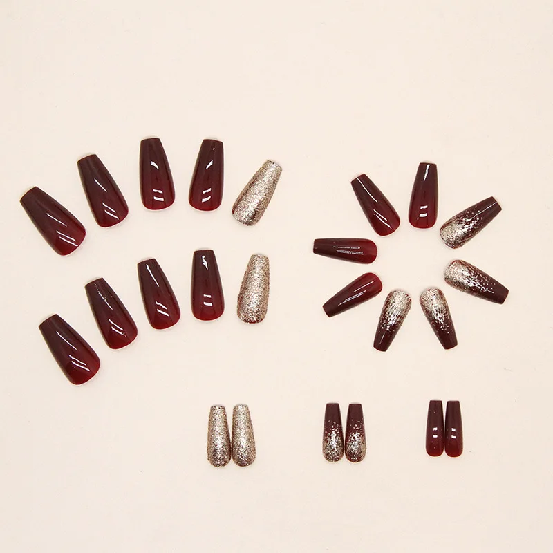 24PCS Sparkling Gold Powder Wine Red Nail Art Medium Long Fake Nail Art Festival Wearing Armor European and American Ins Style