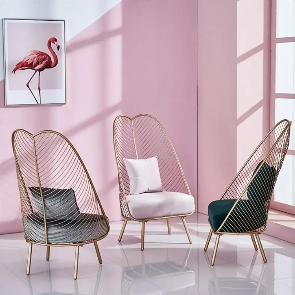 Nordic Style Gold Metal Iron Wire Chair Leisure Lazy Living Room Sofa Chair Pink Chair Coffee Chair Modern Decor Furniture