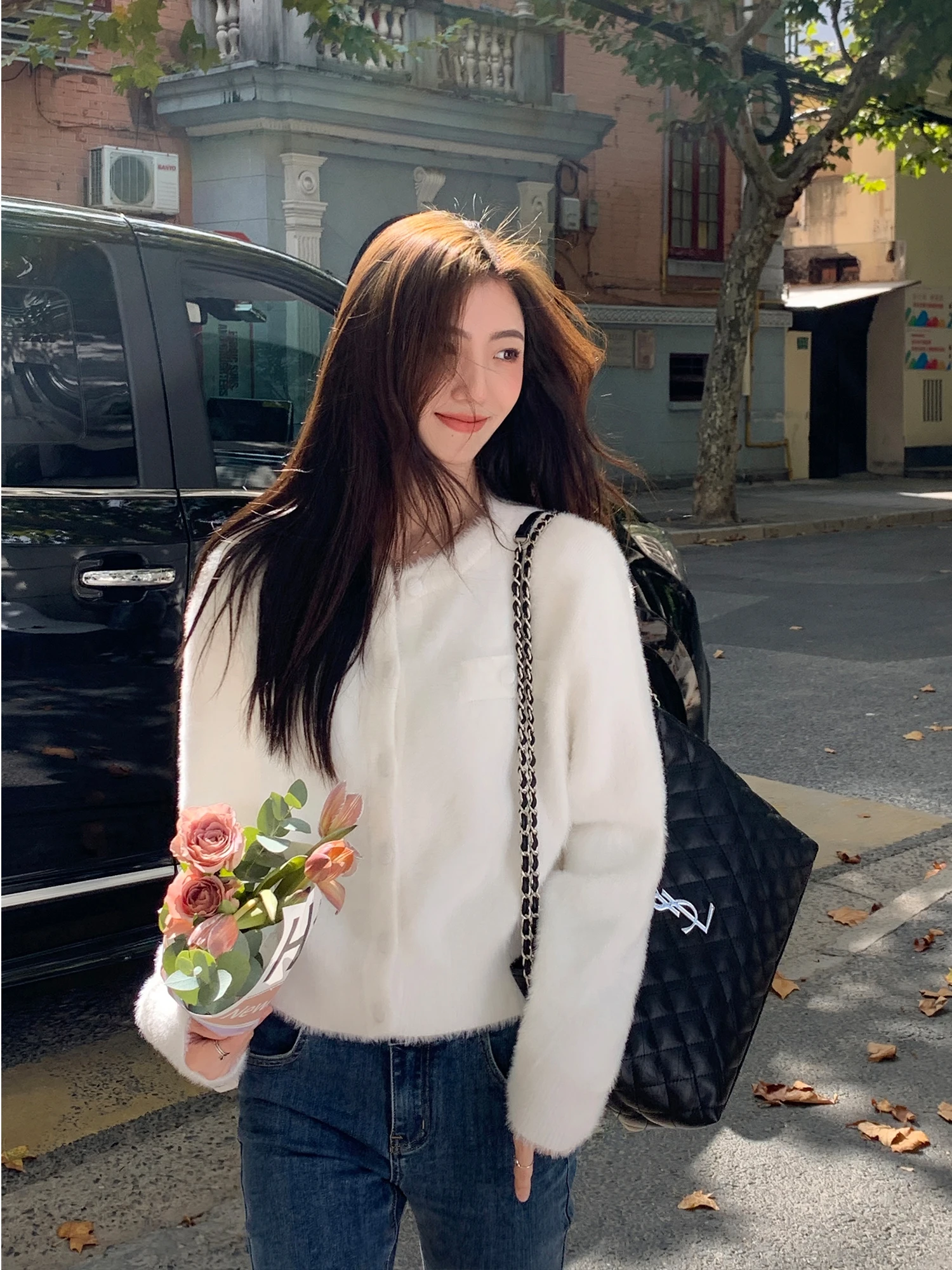 

Mulvan White ort Open Cardigan Knitted Fur Mink Loose Autumn Winter Women's Knitwear Soft Aosphere Top