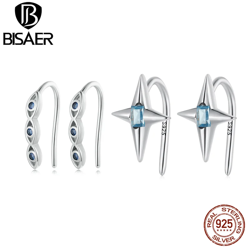 

BISAER 925 Sterling Silver Demon Eye Stud Earrings Blue CZ Starry Ear Clip Plated Platinum For Lucky Woman Party Fine Jewelry