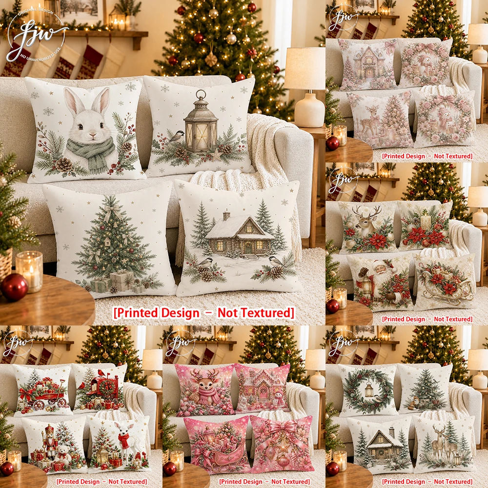 [Printed Design – Not Textured]-4pcs # Christmas Vintage Farmhouse Pillow Covers New Year party decoration cushion Cover