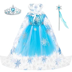 Queen Elsa Costume for Girls Halloween Carnival Birthday Party Dresses Snowflake Sequins Kids Fancy Tutu Princess Dress Cloak