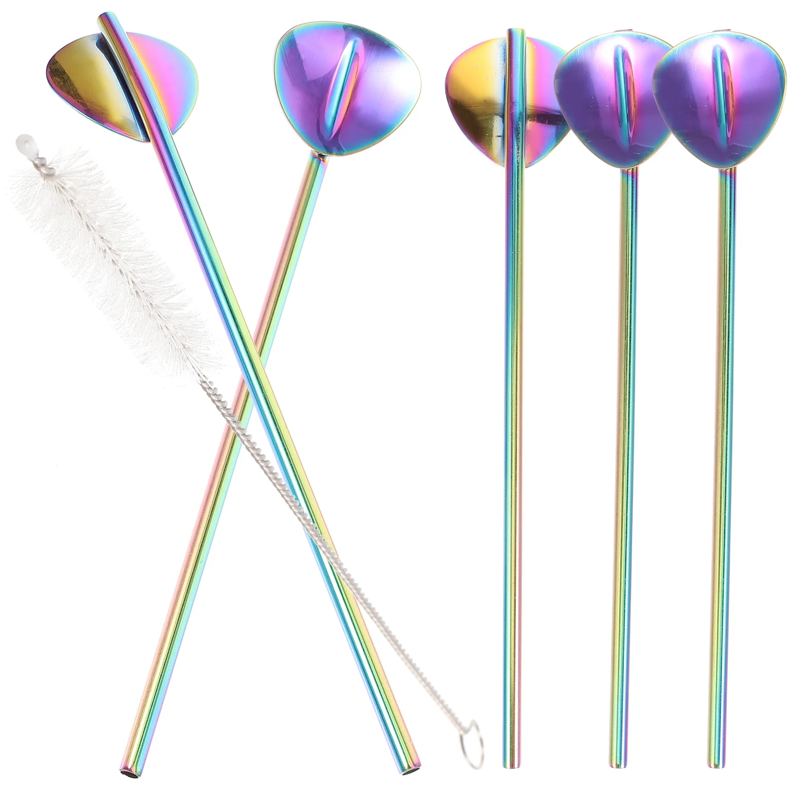 

1 set Spoon Straws Reusable Stainless Steel Heart Shaped Drinking Stirring Dessert Mixing Spoons 20cm Cleaning Brush Compact