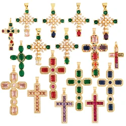Religions Gold Plated Rainbow Cubic Zirconia CZ Paved Pearl Cross Charm Pendant,Jewelry Necklace Bracelet Accessories Supply M51