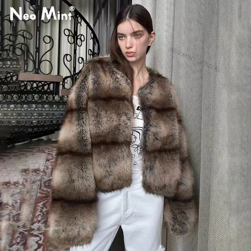 

Neo Mint 2024 Winter Warm Fluffy Faux Fur Coat Women Softly Warm Furry Fox Fur Outerwear Jacket High Quality Brand Overcoats