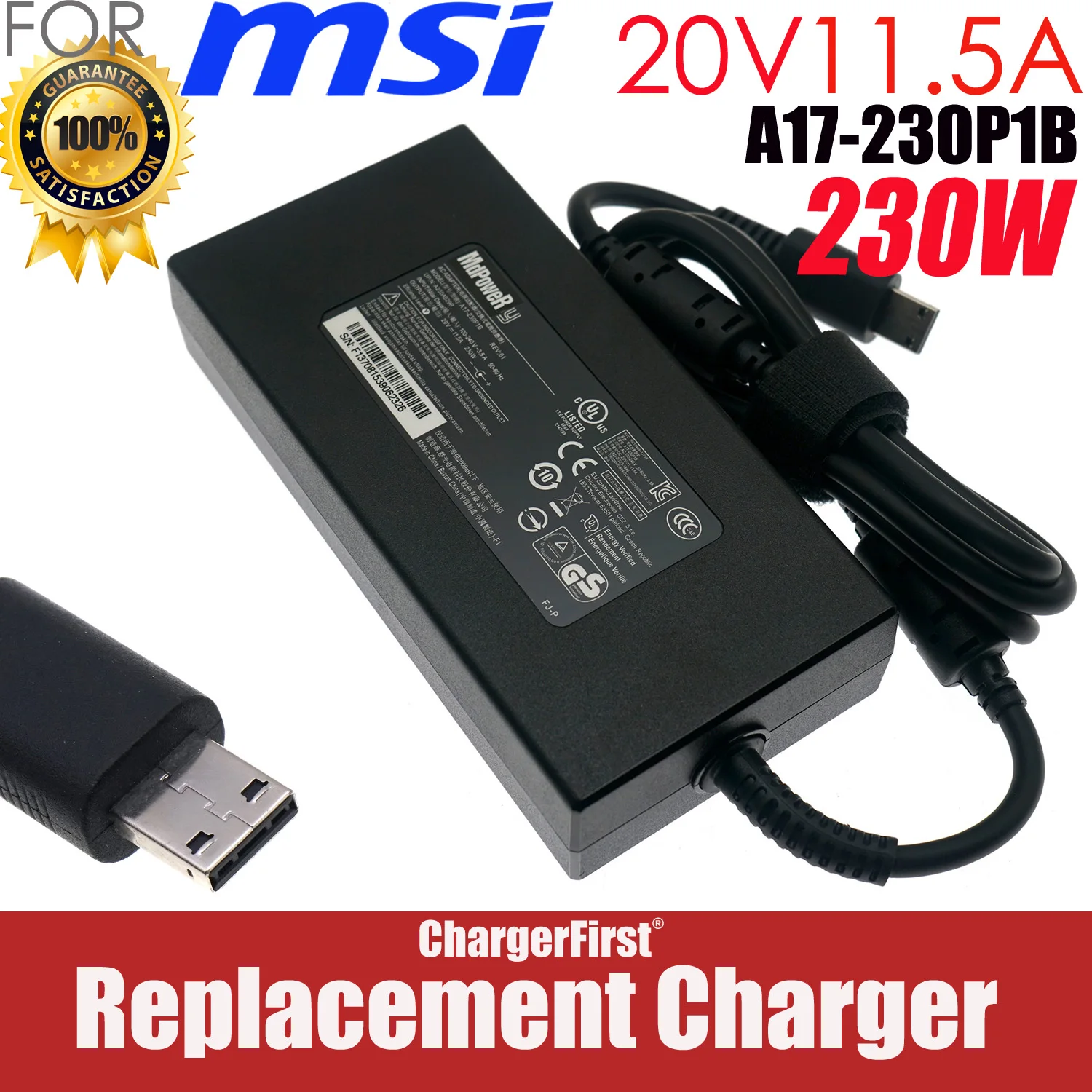 Chicony A17-230P1B A230A029P 20V 11.5A 230W AC Adapter Charger for MSI GE66 GE76 Raider GP66 GP76 Leopard Rectangle Tip