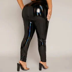 Plus Size Women's Laser Black Shiny Leather Trousers Mid Waist Skinny Pants Ladies Casual Fashion PU Pencil Pants 5XL, 6XL 7XL