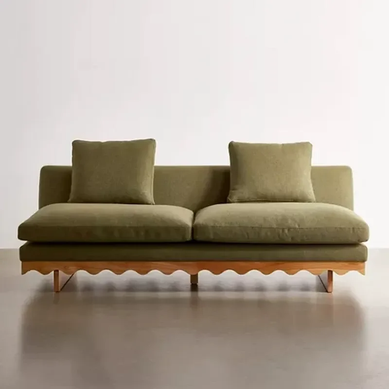 Retro Fabric Sofa Solid Wood Frame 3 Seater Straight Row Couch for Living Room Small Apartment Medium Antique Style Household