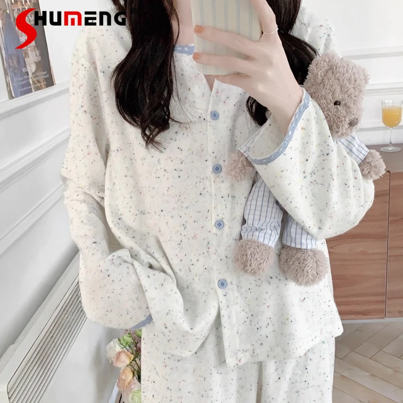 

Cute Girl Homewear Set for Spring Autumn Japanese Style Colorful Floral Pajamas Suits Women Long Sleeve Pure Cotton Sleep Set