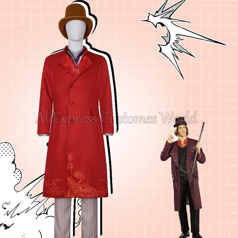 Anime Chalamet Wonca Cos Willy Cosplay Costume Movie Chocolate Wonk Role Factory Willy Red Coat Suit outfit Men Fancy Halloween