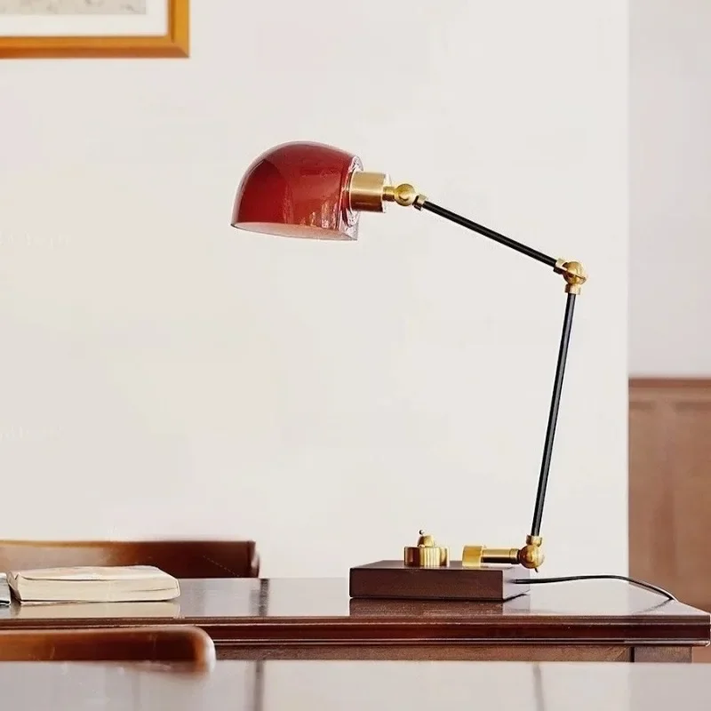 Vintage library desk lamp, American studio adjustable reading lamp, overweight handmade glass lampshade