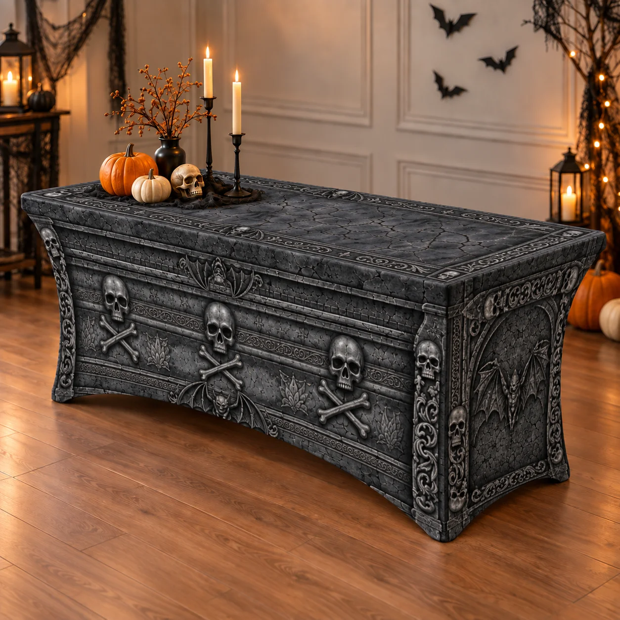 Halloween Gothic 3D Skull Stretch Tablecloth Rectangular Spandex Fitted Table Cover Haunted House Party Banquet Event Decoration