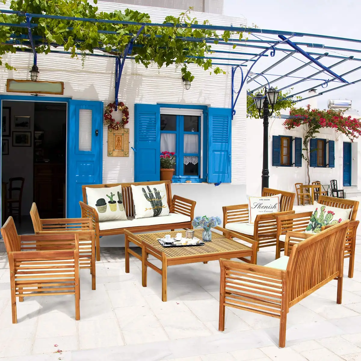 Acacia Wood 8-Piece Outdoor Sofa Set w/Water Resistant Cushions, Padded Patio Set w/Coffee Table for Garden , Customized