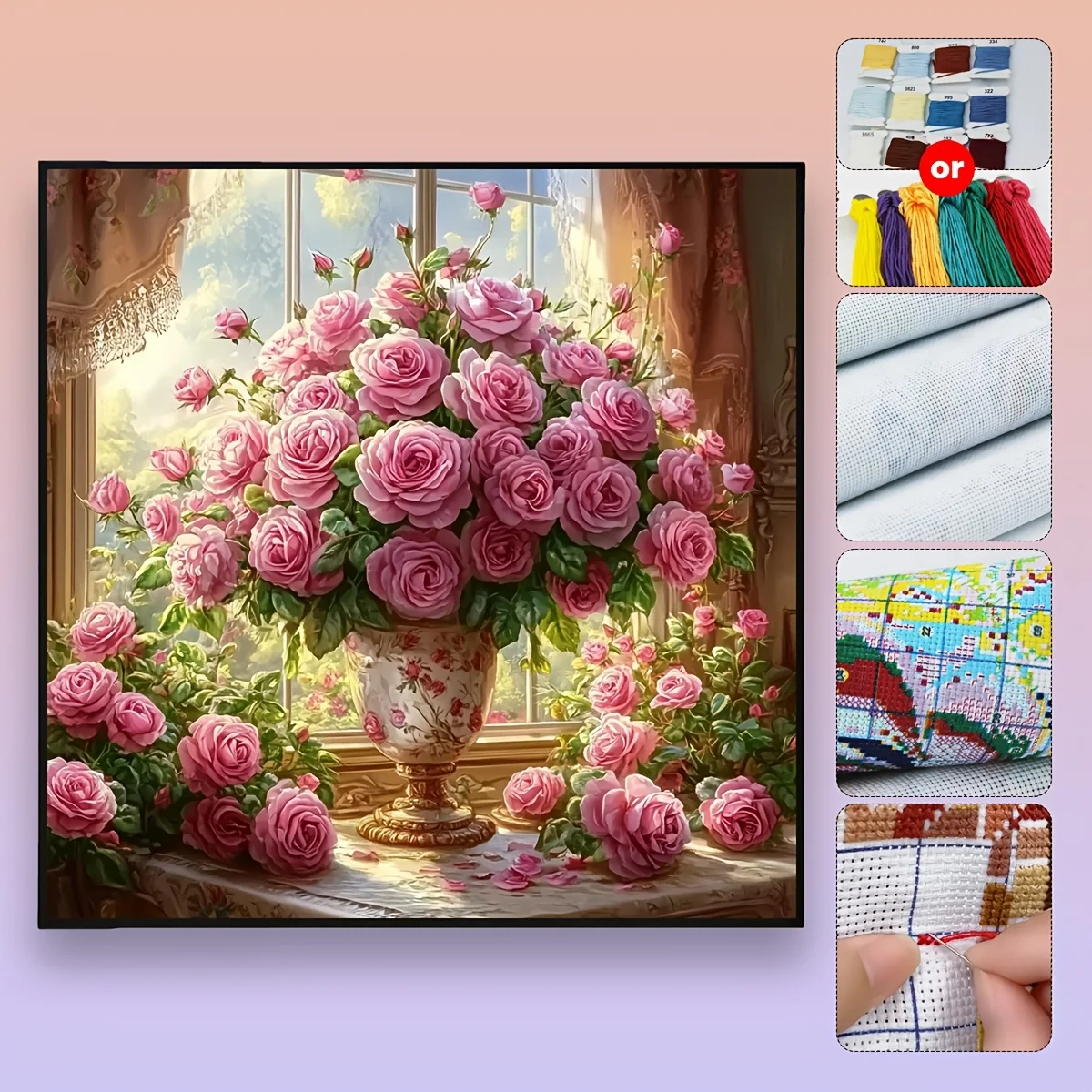 Vollstickerei mit Öko-Baumwollfaden, 11CT, bedruckt mit dem Motiv „Die Blumenfamilie“, Kreuzstich-Set, Kunst 40x40cm – Detail 6