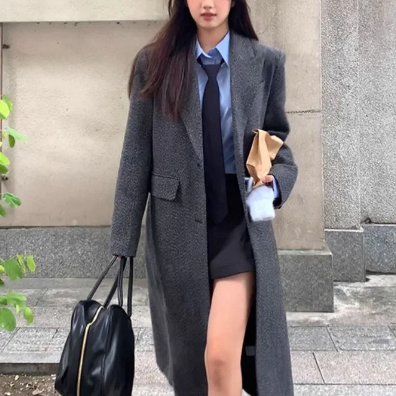 

Офисные женские однобортные шерстяные куртки, осенне-зимний костюм с воротником на шнуровке, свободные длинные женские пальто из 100% шерсти