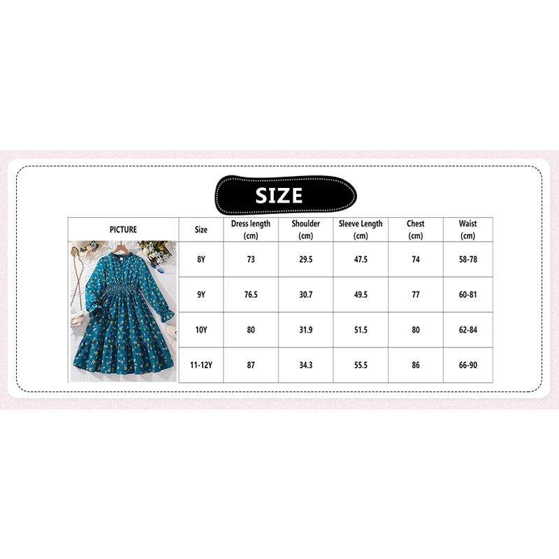 2024 New Spring Autumn Fashion Kids Dress For Girls 8-12 Years Blue Floral Waist Dress Comfortable Soft Formfitting Girls Dress