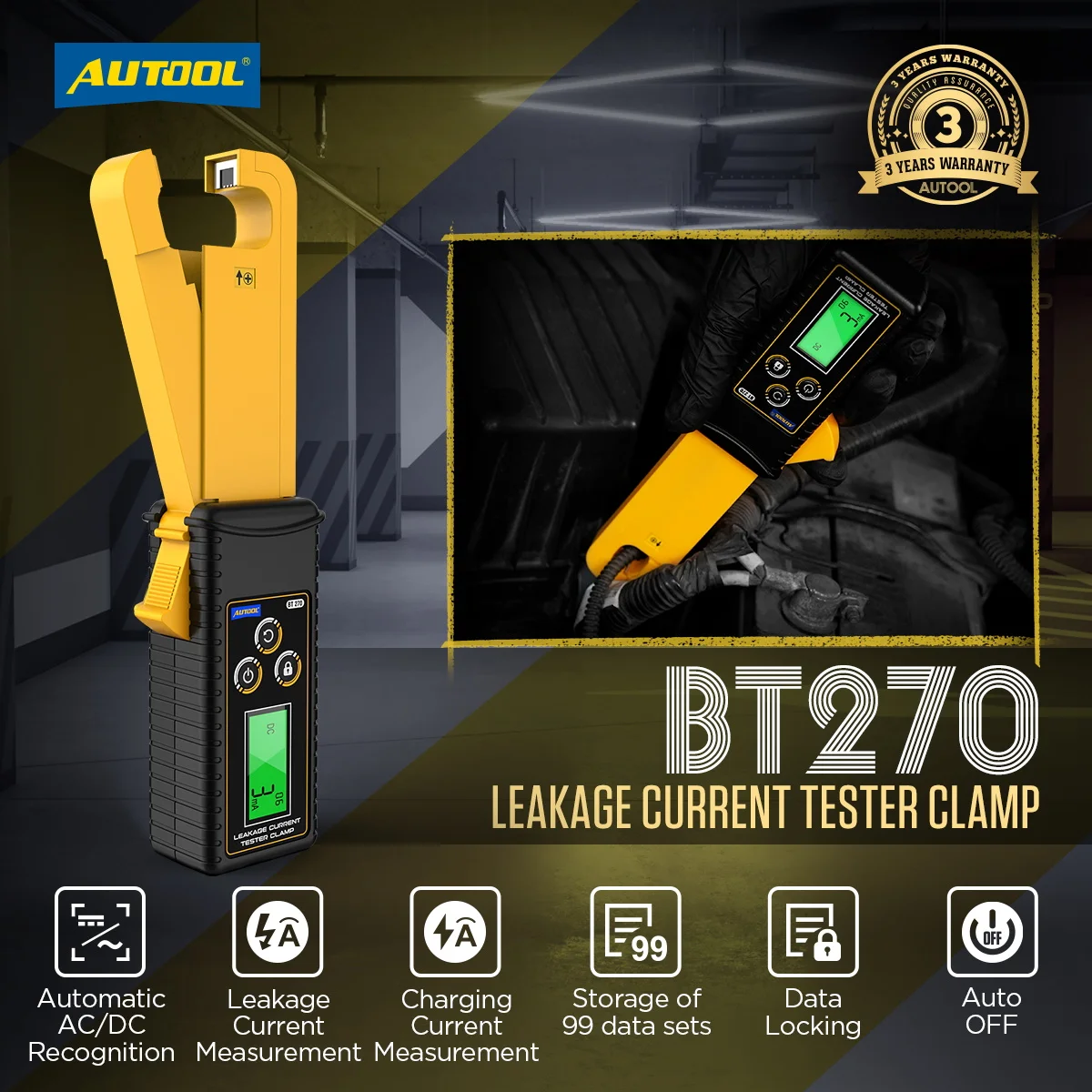 

AUTOOL BT270 Current Clamp 0mA-60A AC DC Current Pliers Ammeter Leakage Current Measurement Data Locking Clamp Amperemeter