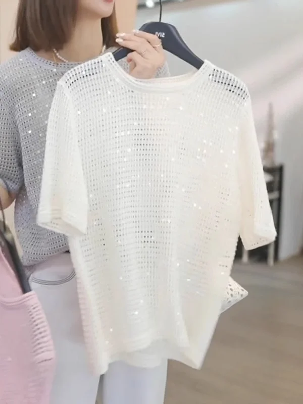 

Женский летний вязаный топ больших размеров с блестками и вырезами, свободный крой, модный повседневный стиль